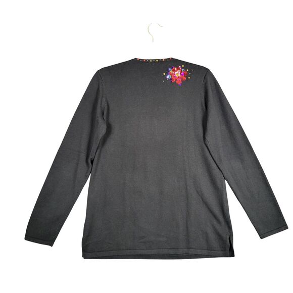 QUACKER FACTORY Black Sequin Christmas Poinsettia Holiday Novelty Sweater XS - Picture 2 of 12